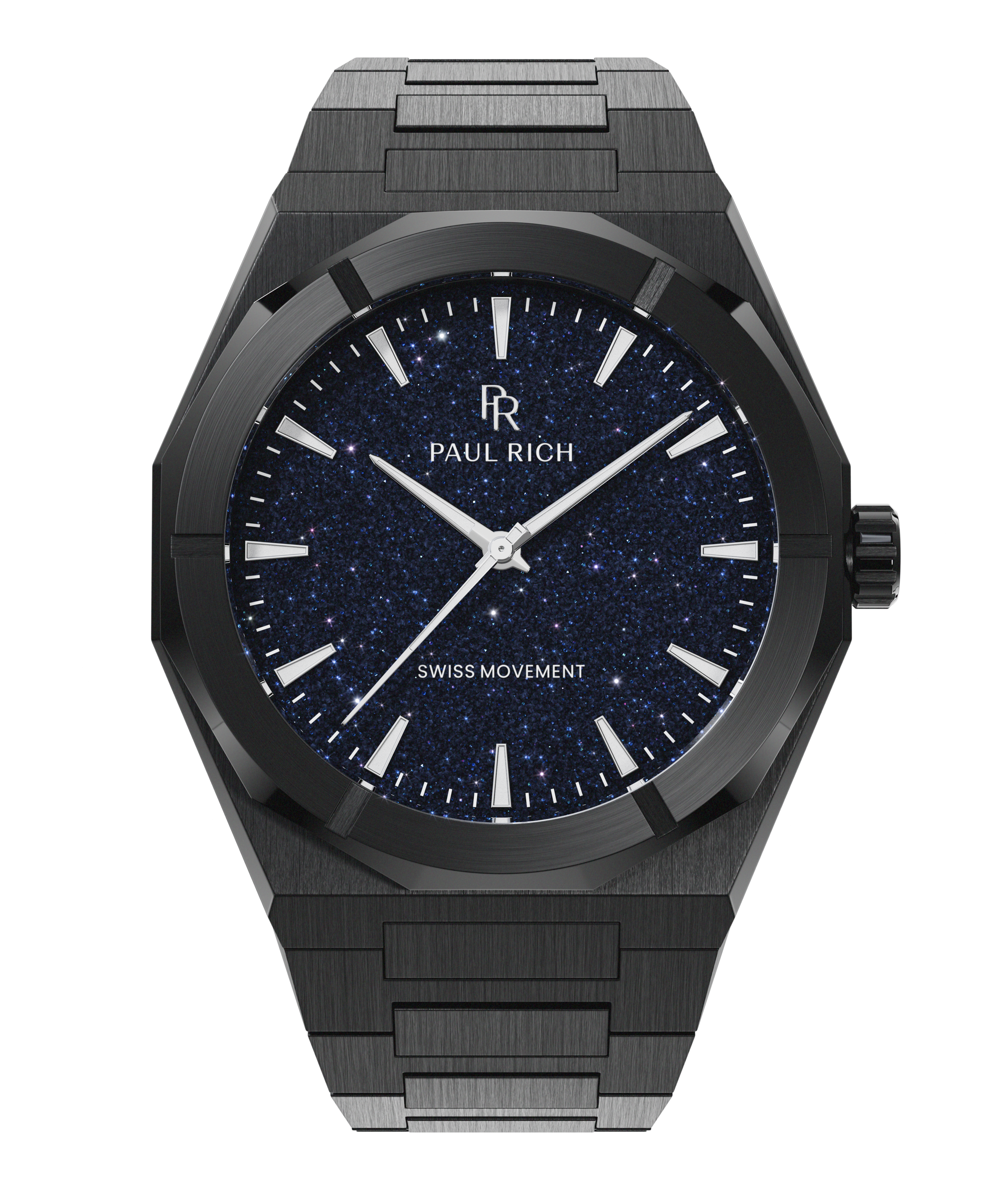 Black Paul Rich watch with a deep blue aventurine dial, shown on a transparent background with brushed black metal case and bracelet.