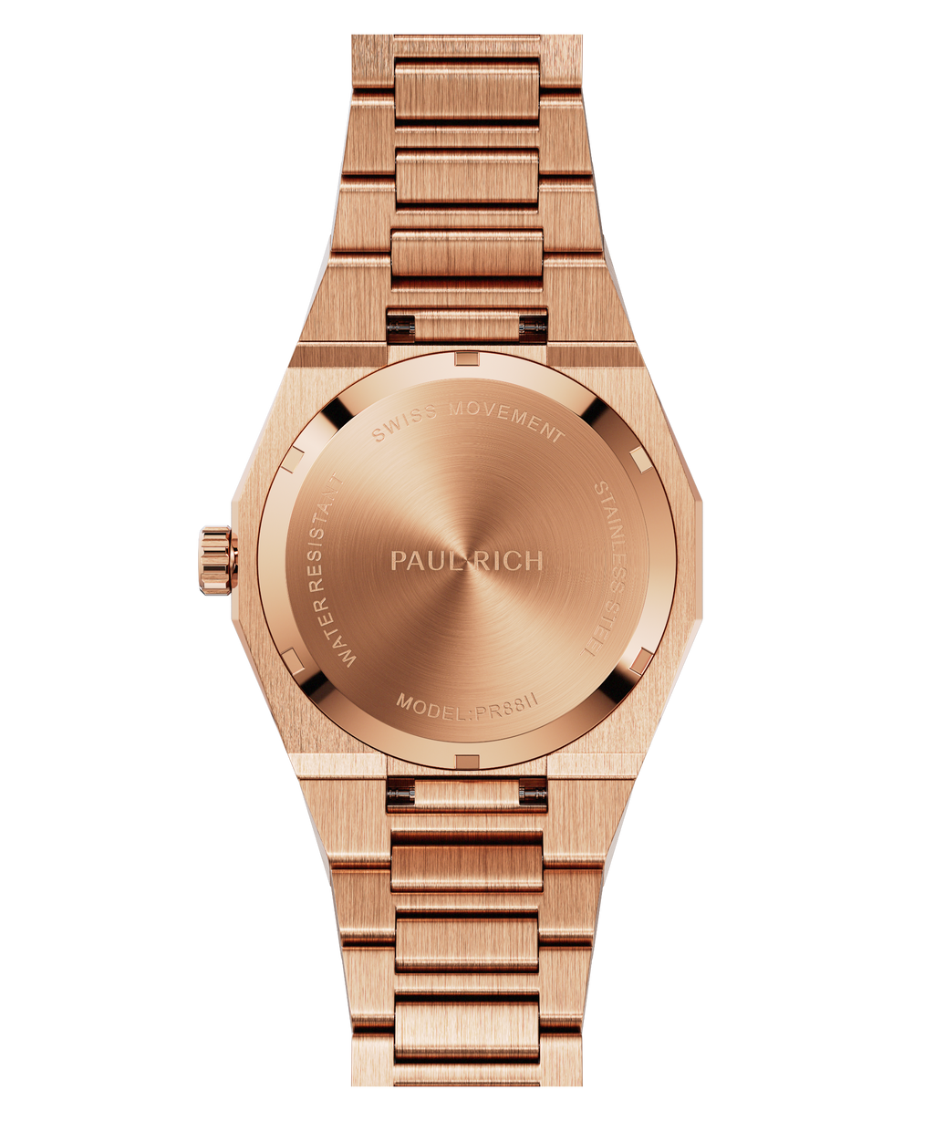 Back view of Paul Rich rose gold watch showing brushed caseback with Swiss Movement engraving and model PR88II.