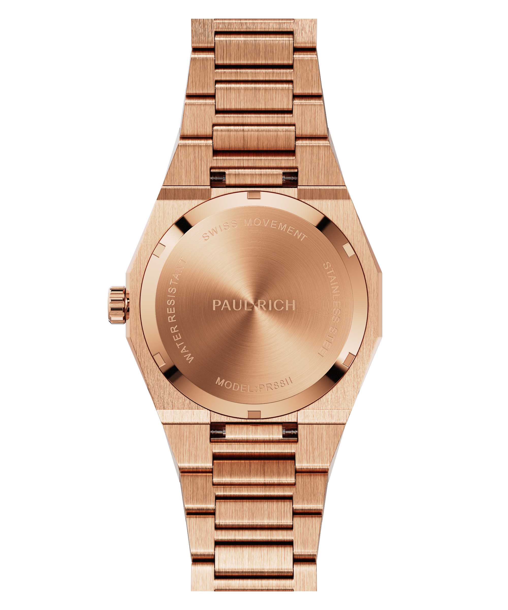 Back view of Paul Rich rose gold watch showing brushed caseback with Swiss Movement engraving and model PR88II.