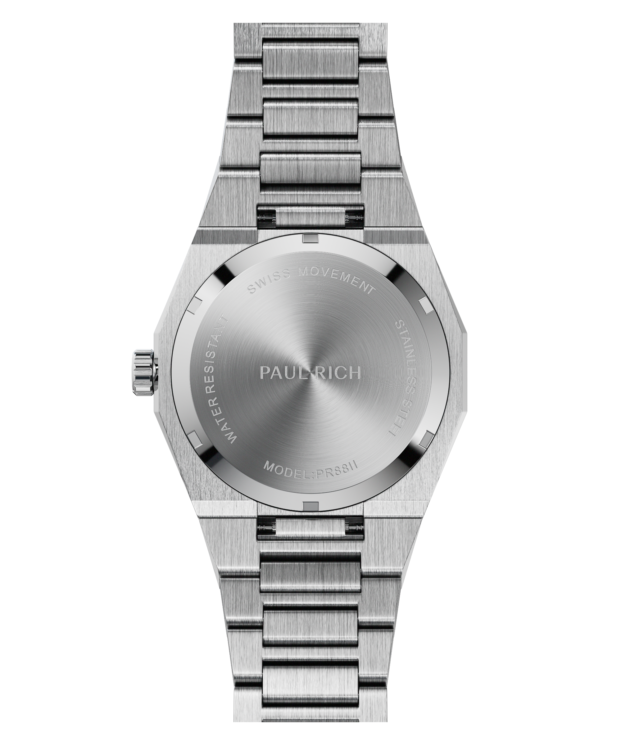 Back view of a silver wristwatch with a brushed stainless steel case back engraved with “Paul Rich,” “Swiss Movement,” and “Model: PR8II."