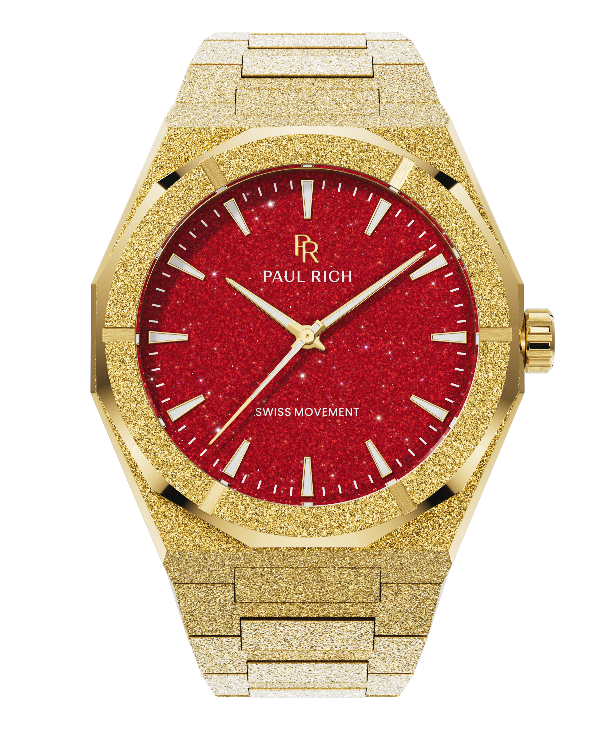 Gold frosted watch with bold red aventurine dial, gold hands and markers, labeled Swiss Movement, shown on transparent background.