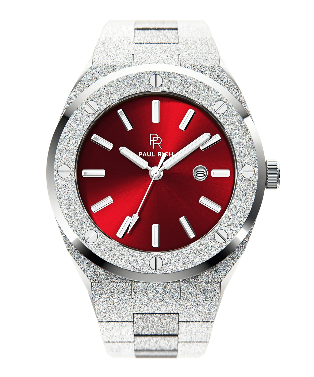Paul Rich watch with round case, frosted silver finish, metallic red sunray dial, silver hour markers, and date window, shown on transparent background.