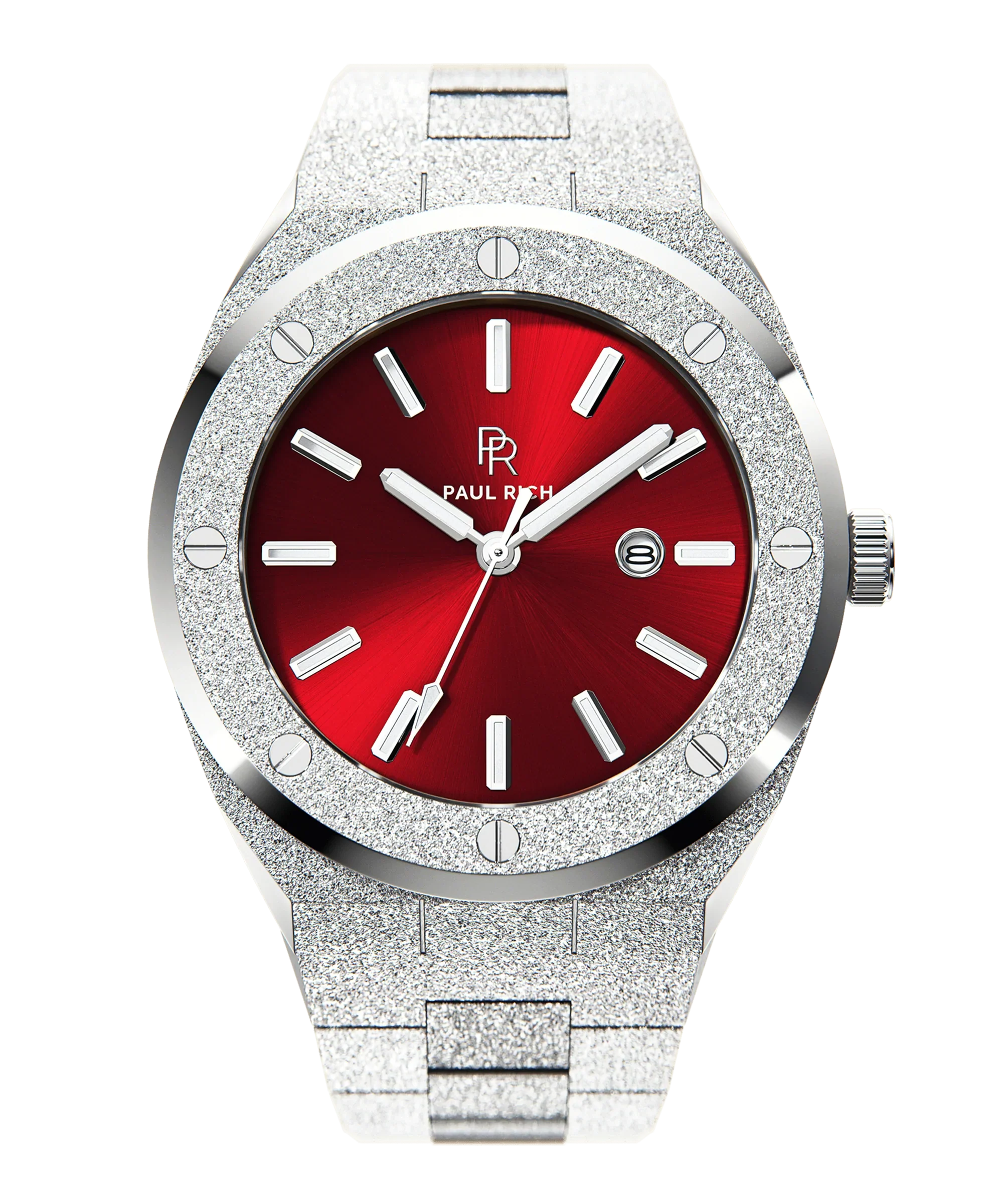 Paul Rich watch with round case, frosted silver finish, metallic red sunray dial, silver hour markers, and date window, shown on transparent background.